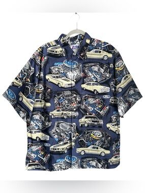 Reyn Spooner Ford Graphic Button Up Shirt XL Cotton Navy Retro Cars Made Hawaii